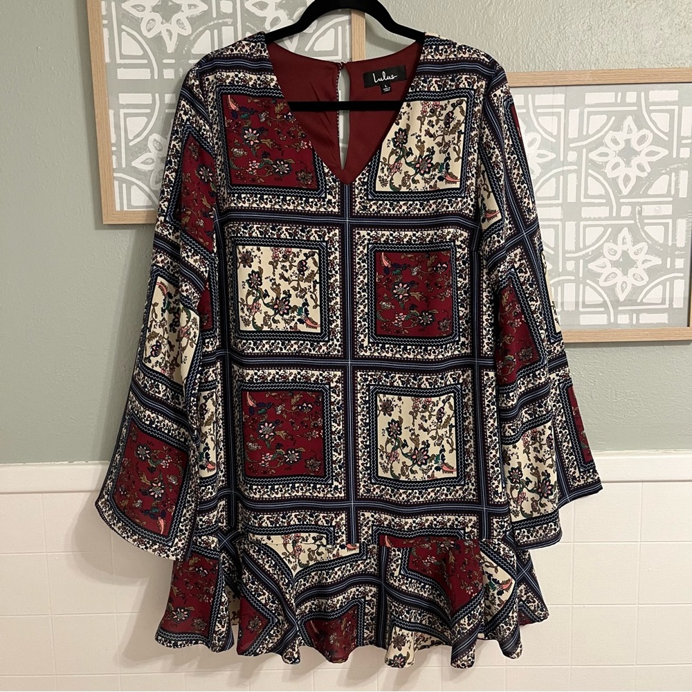 Lulus patchwork print mini dress sz L